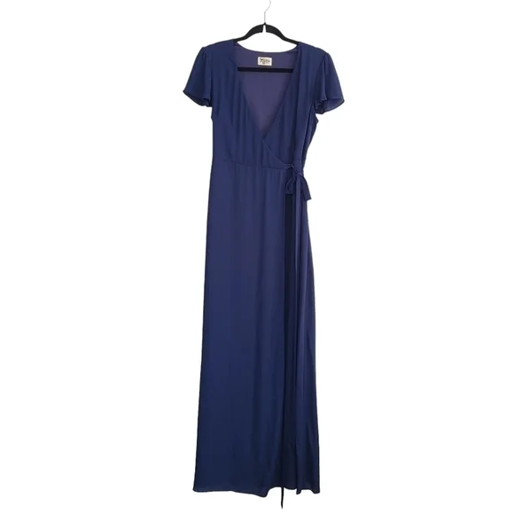 Show Me Your MuMu Noelle Wrap Maxi Dress Navy Flutter Sleeve V-Neck Small - Picture 2 of 10